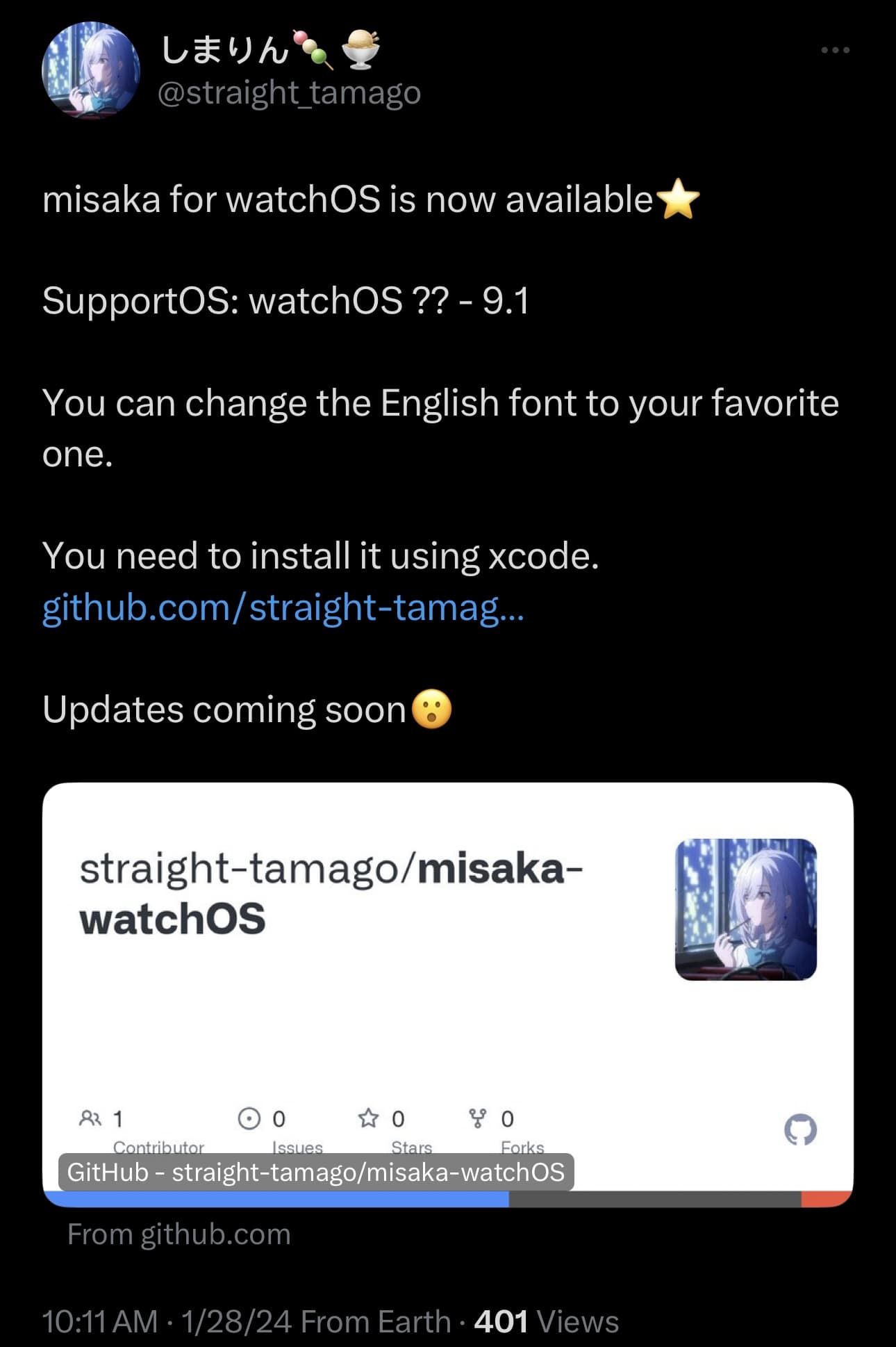 Straight_Tamago announces Misaka for watchOS.