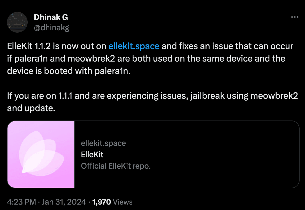 dhinakg announces ElleKit v1.1.2 release.