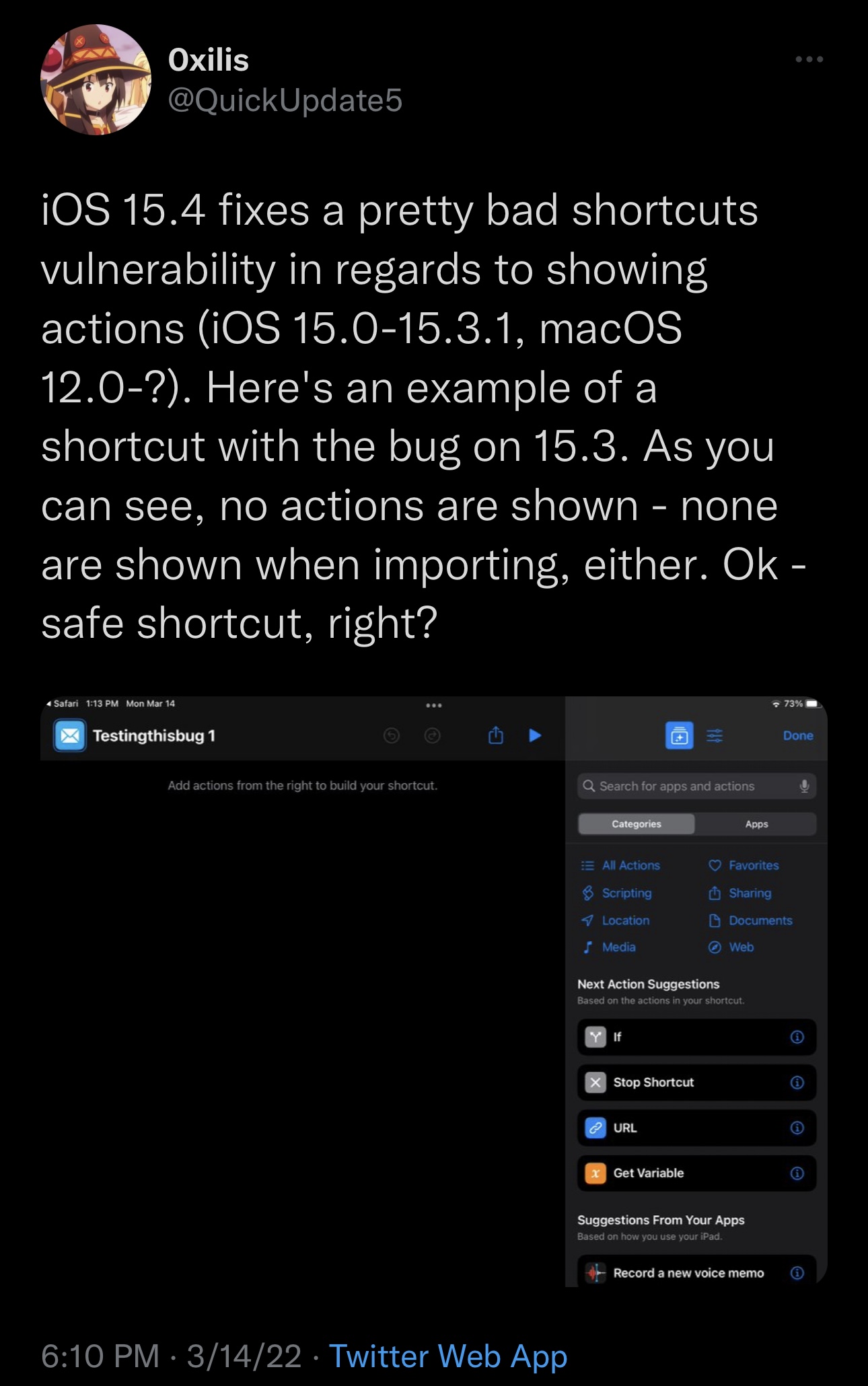 0xilis discusses the Shortcuts app vulnerability in iOS 15.0-15.3.1.