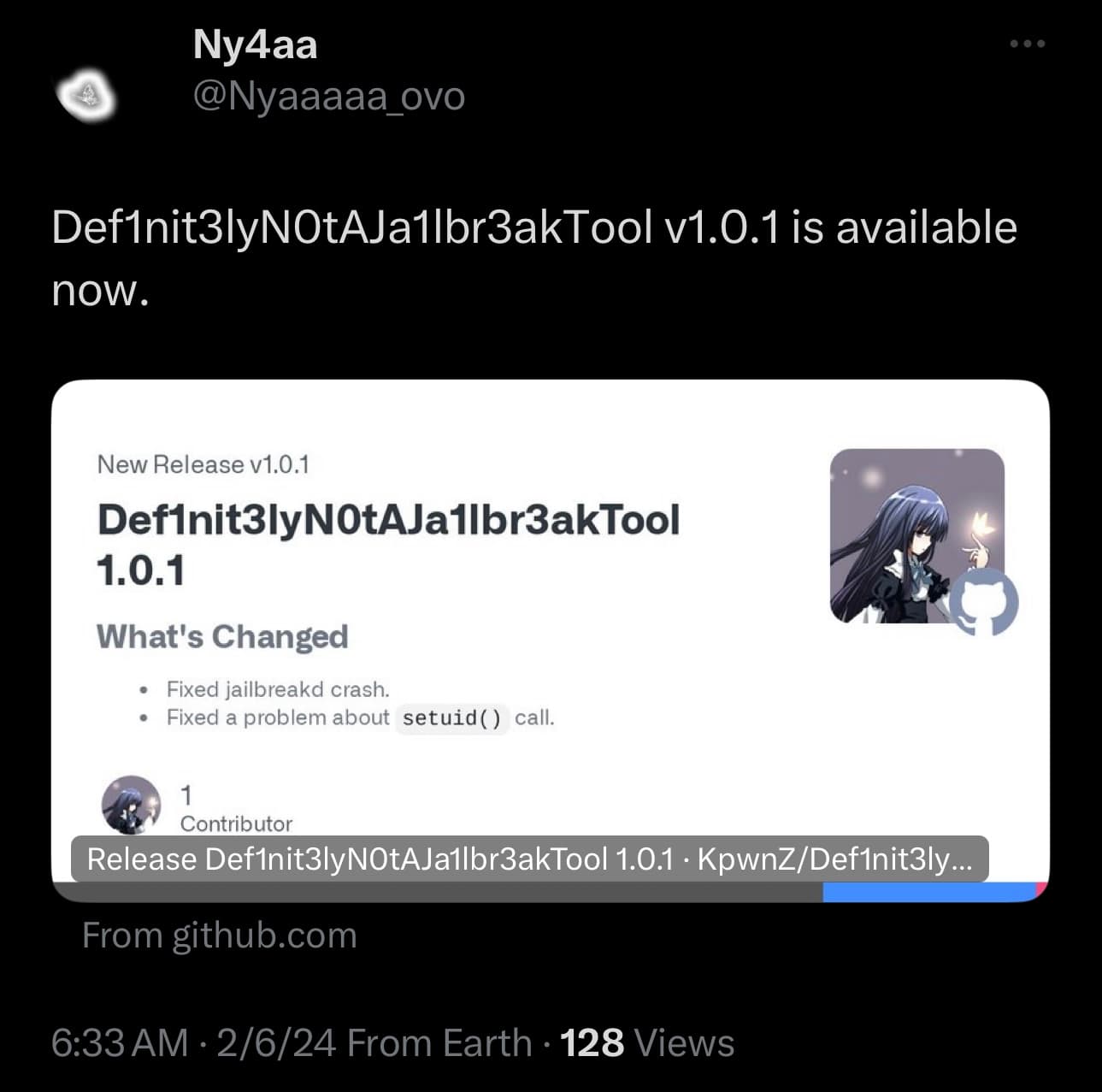 Def1nit3lyN0tAJa1lbr3akTool V1.0.1 being announced.