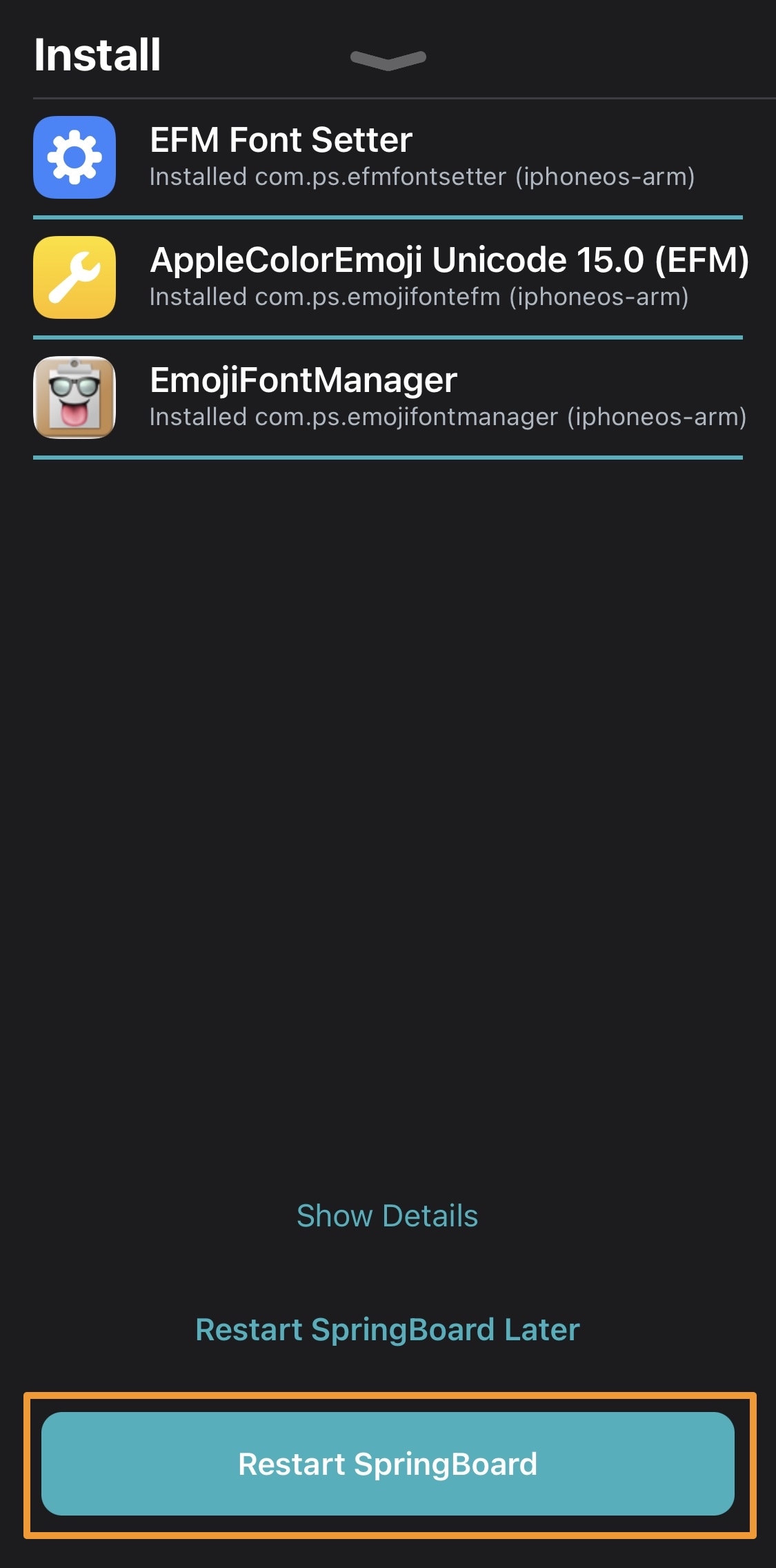 Restart SpringBoard installing EFM Font Setter.