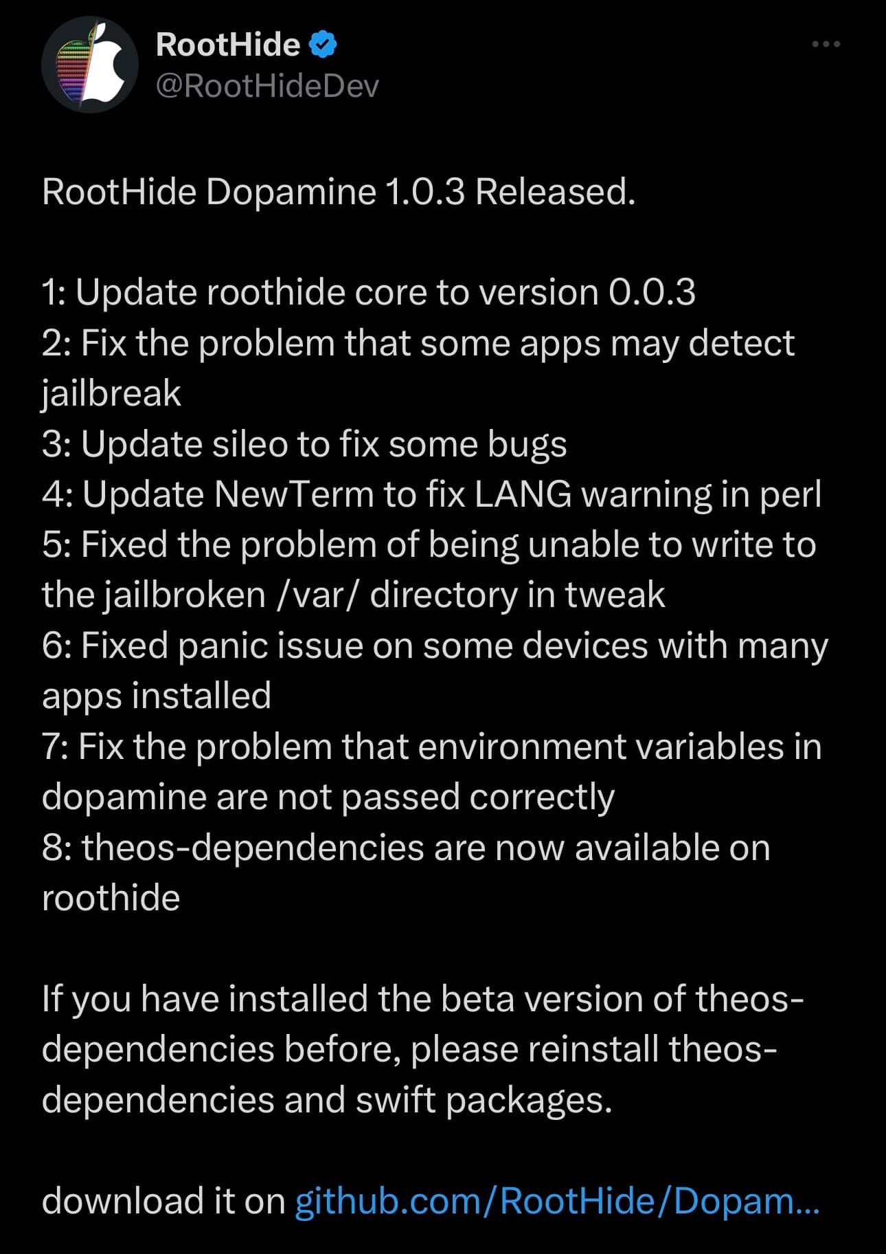 RootHide version 1.0.3 announced.