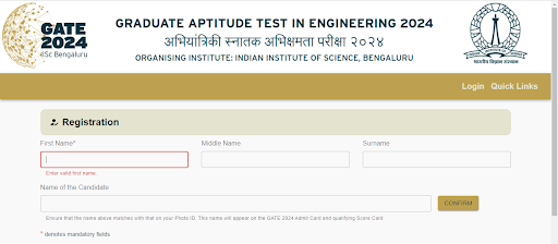 Registration page for GATE 2024