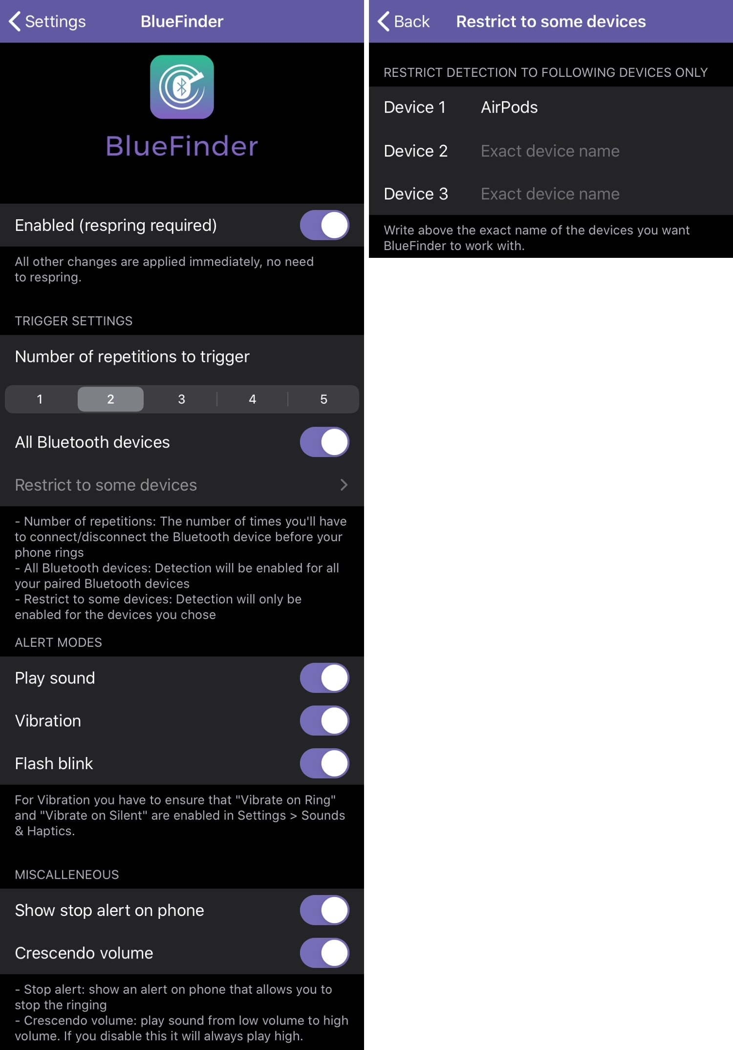 BlueFinder settings