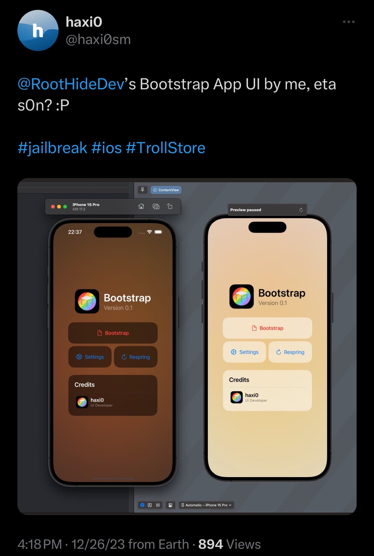 Tweet showing off the upcoming RootHide bootstrap app UI for TrollStore 2.