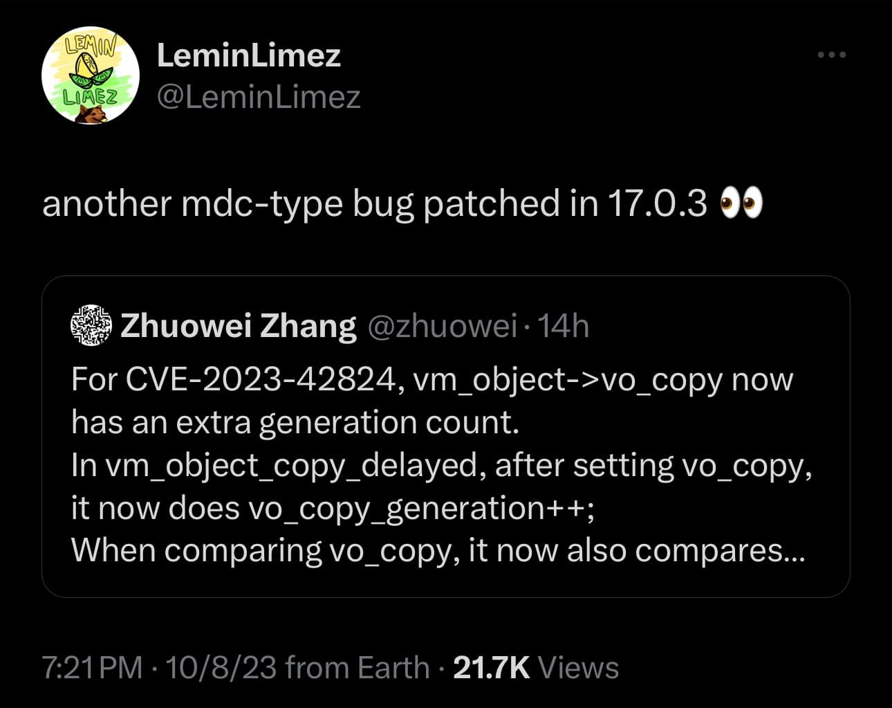 iOS developer LeminLimez says there’s a new exploit similar in nature to MacDirtyCow and kfd.