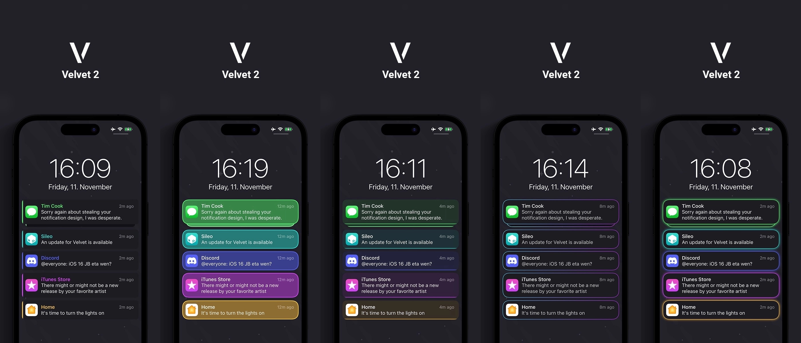 Examples of the Velvet 2 jailbreak tweak.