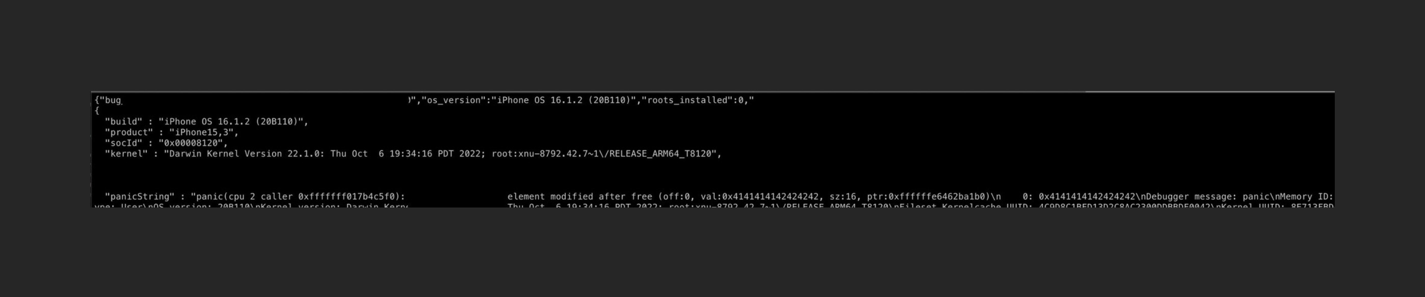 A close-up of @_simo36's iOS 16.1.2 kernel vulnerability on an iPhone 14.