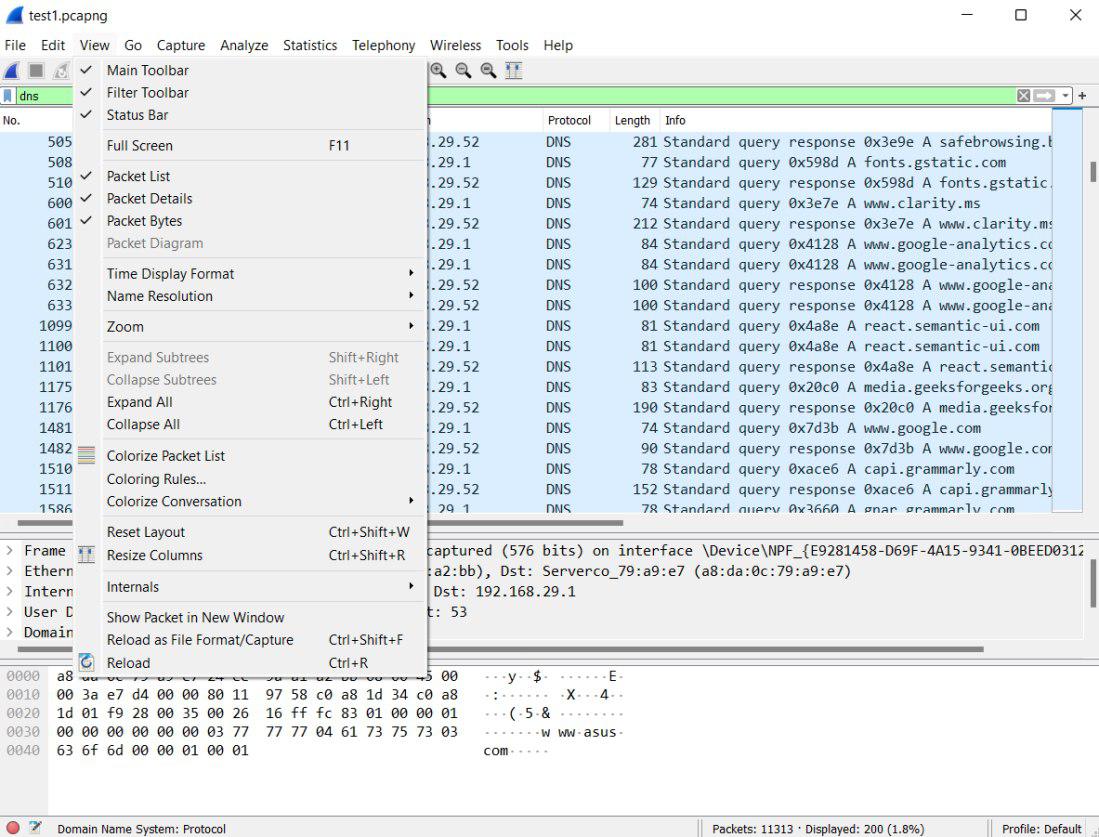 File menu in Wireshark