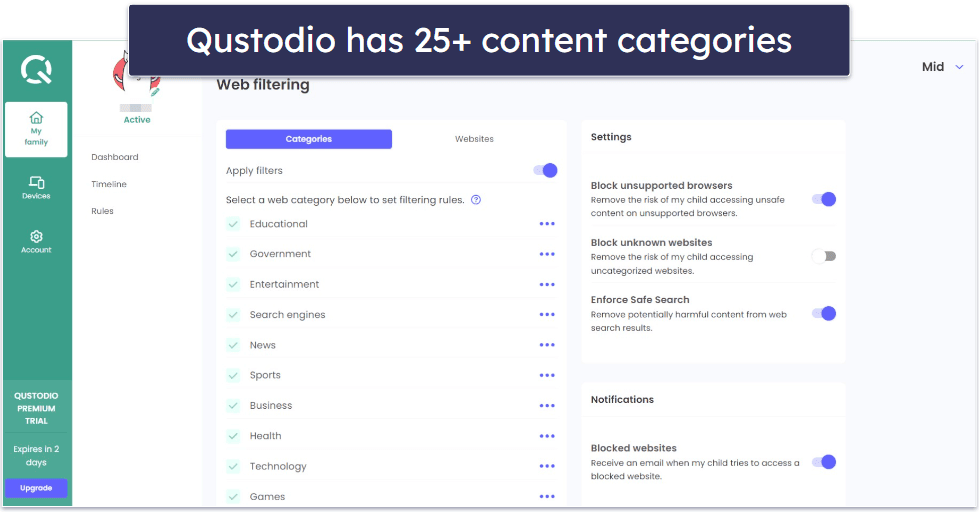 Web Filtering — Qustodio Has More Robust Web Filtering