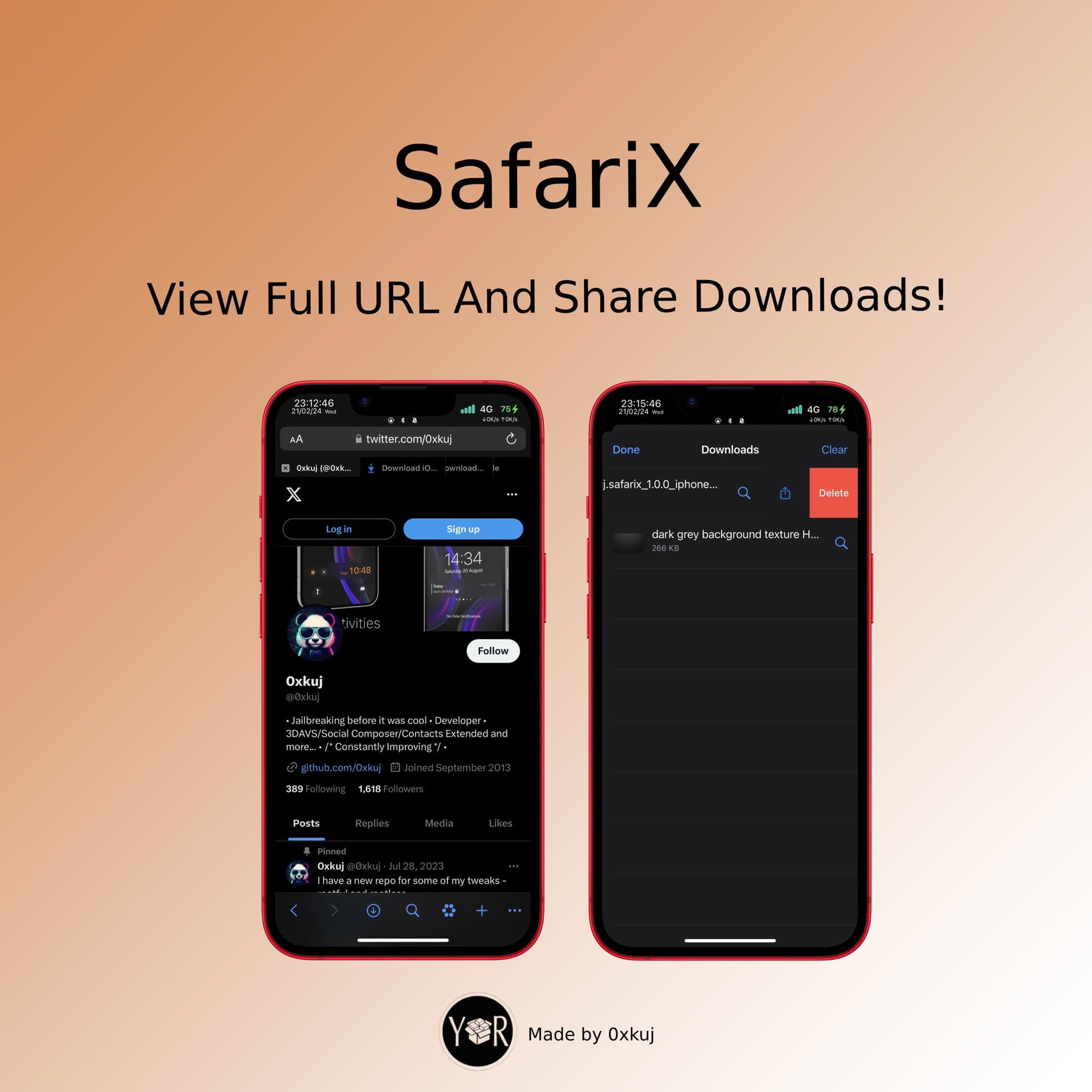 SafariX full URL and ability to share downloads more easily.