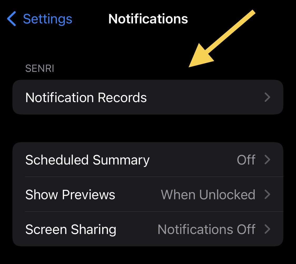 Senri in Settings app's Notifications preference pane.