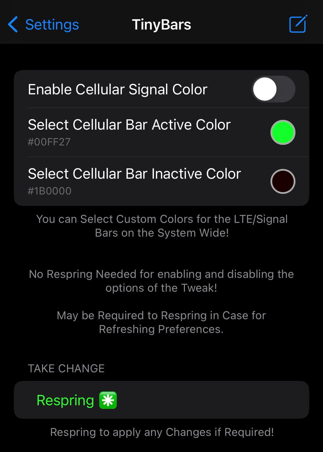 TinyBars options to configure.