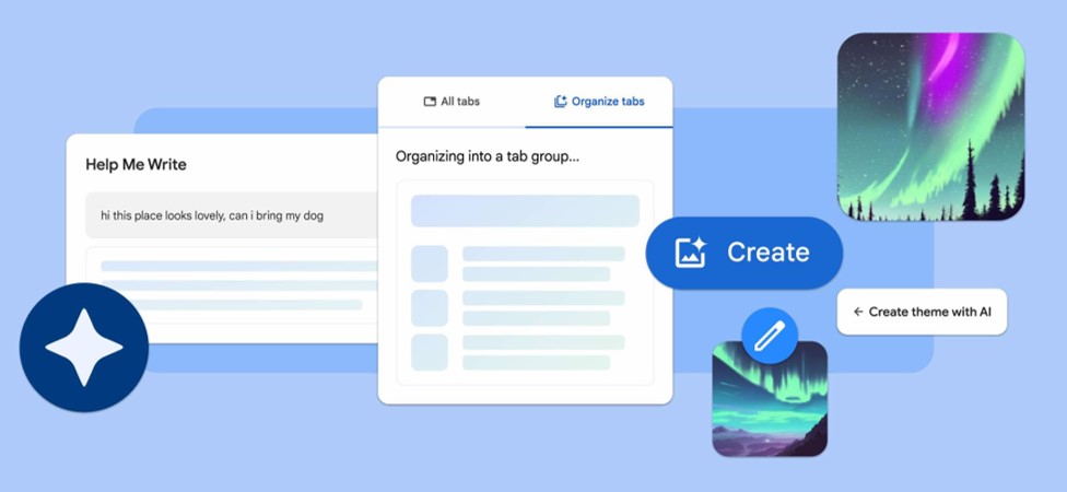 Google Chrome's latest AI features: tab grouping, generative AI themes, and an enhanced writing tool.