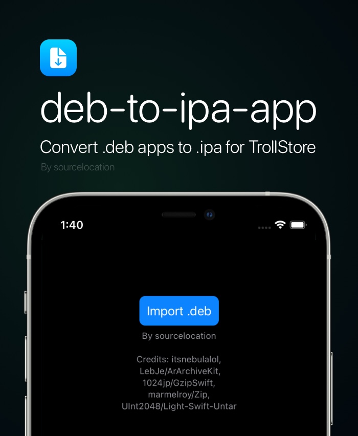 Convert .deb files into .ipa files with this TrollStore app.