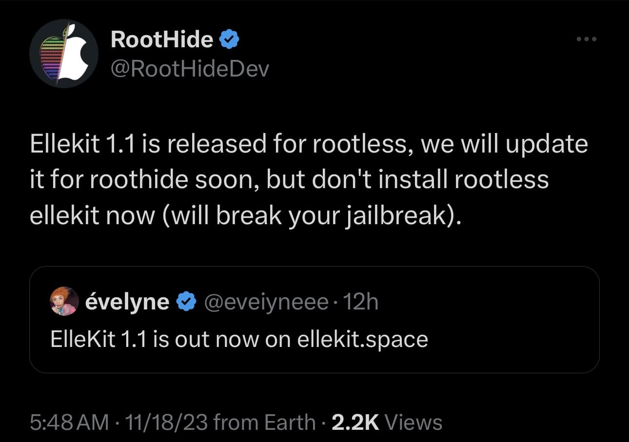 RootHide warns about installing ElleKit v1.1.