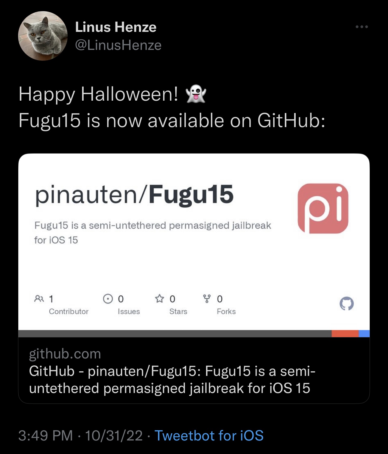 Linus Henze announces the Fugu15 jailbreak release.