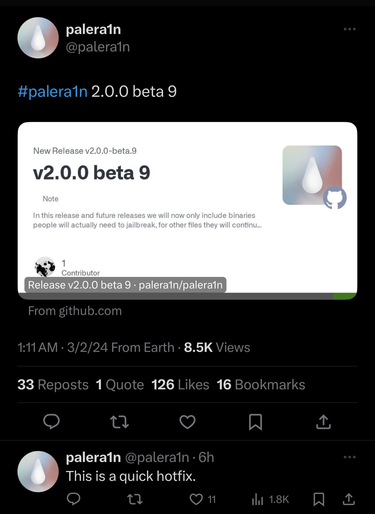 palera1n v2 beta 9 announced.