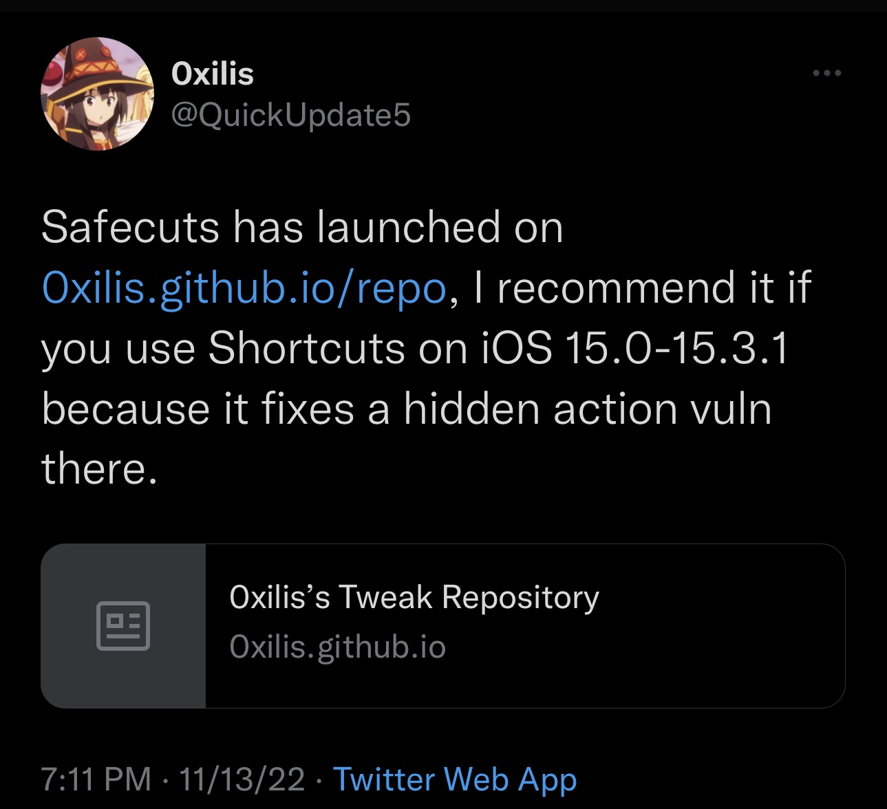 0xilis recommends installing the Safecuts tweak on jailbroken iOS 15.0-15.3.1 devices to protect against a vulnerability.