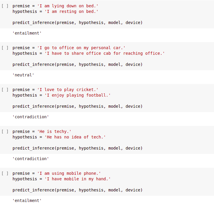 Natural language inference output contradiction