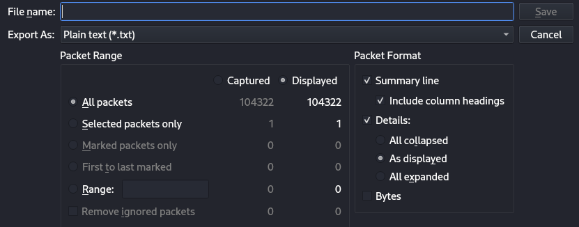 Packet Range in Wireshark