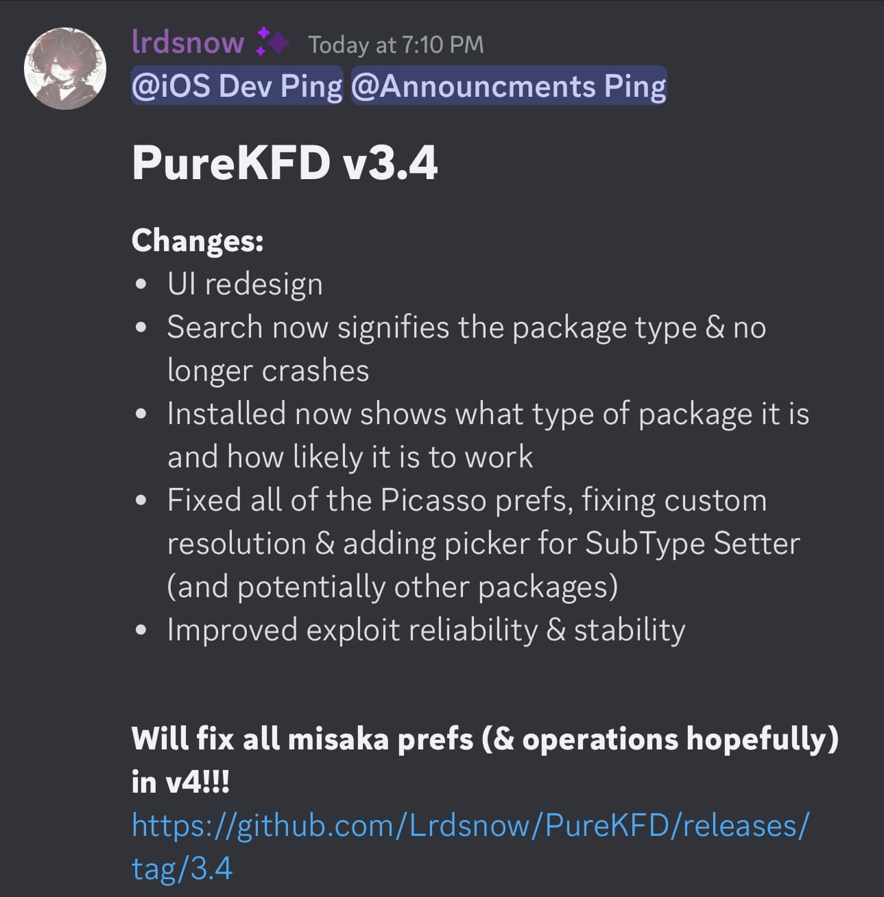 PureKFD version 3.4 announcement in Discord.