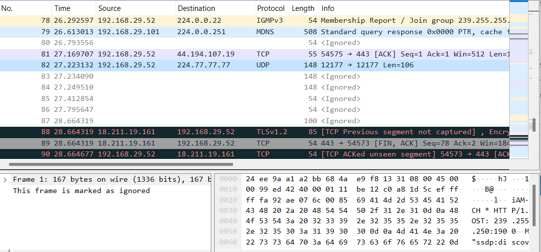 Wireshark Ignored Packets