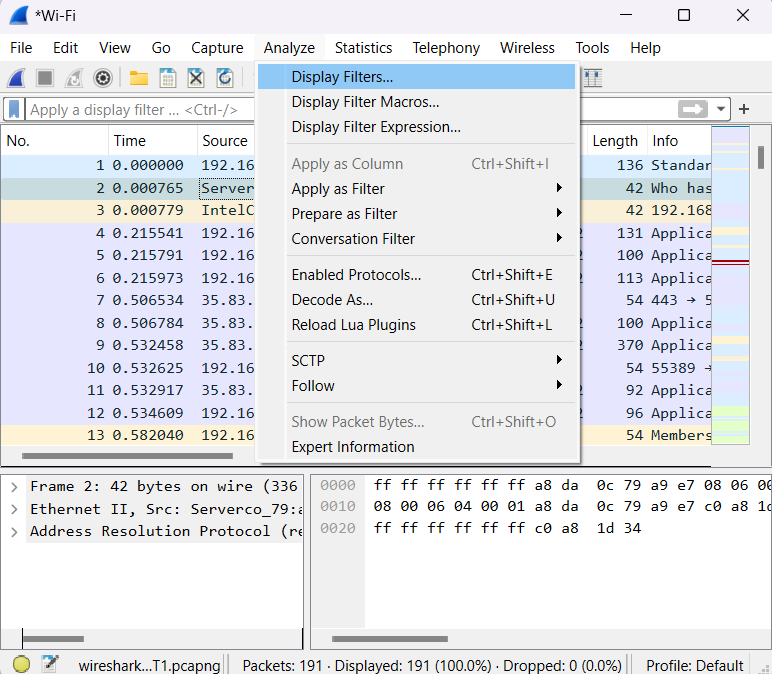 Analyze Menu in Wireshark