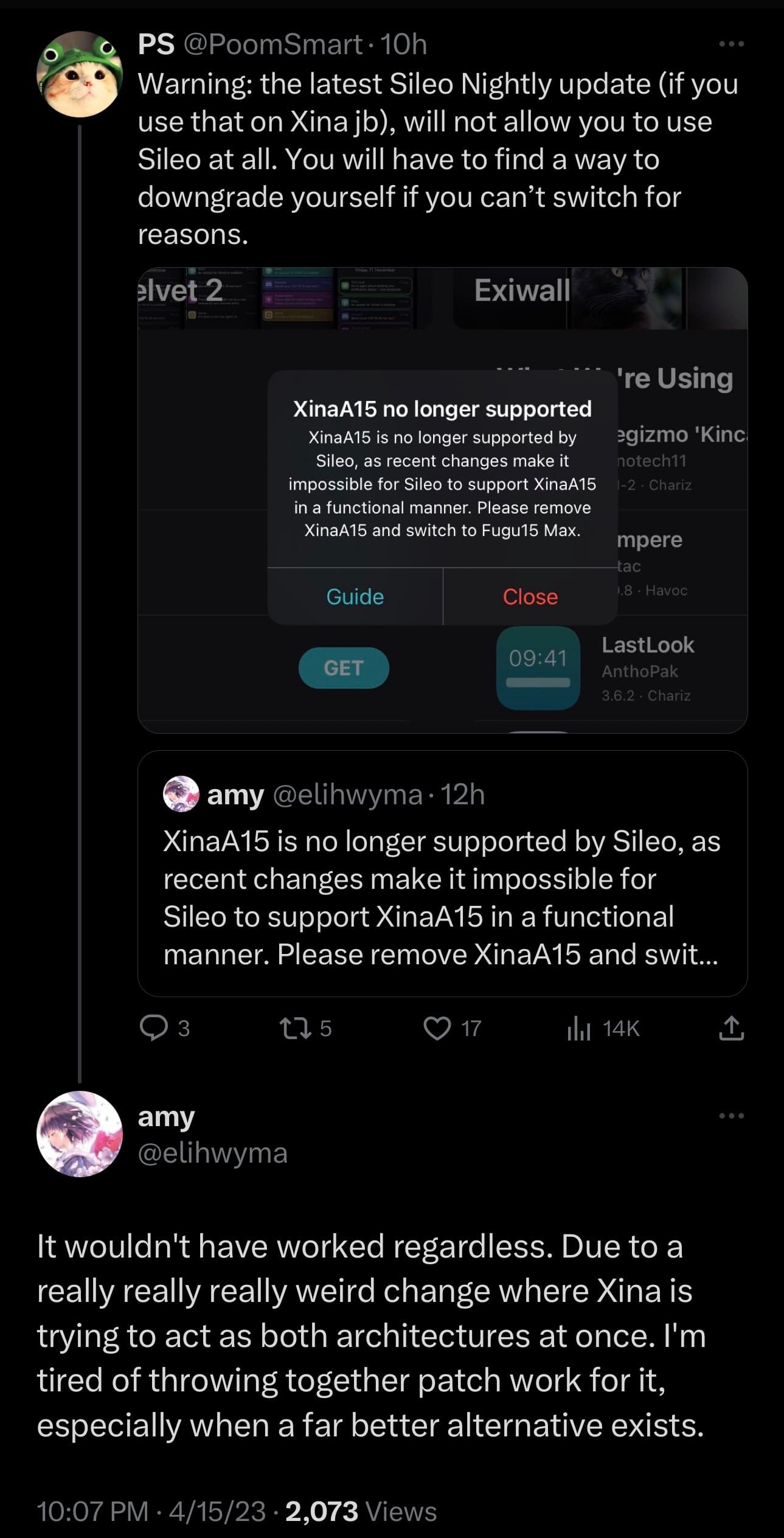 Amy While discusses why Sileo won't support XinaA15 anymore.