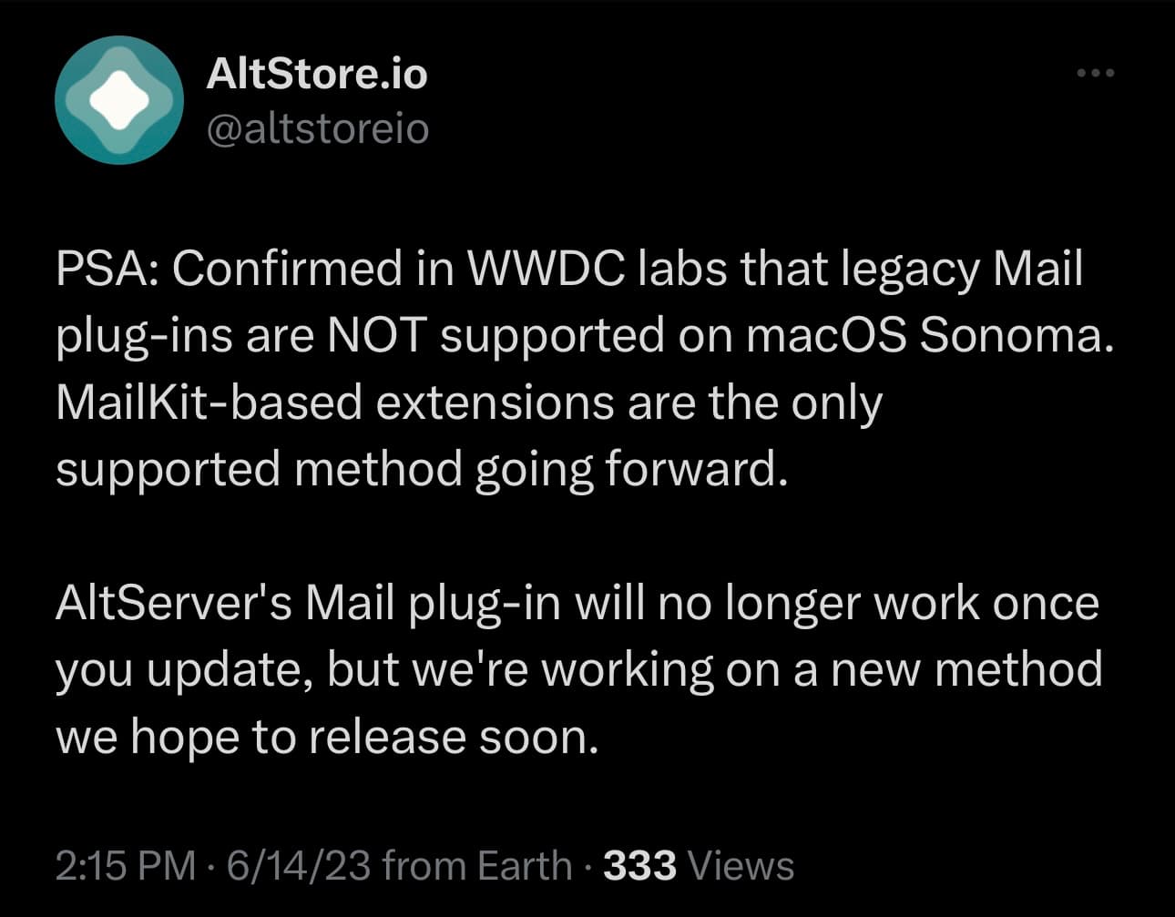 AltStore team says macOS Sonoma will not support the Mail app plugin.