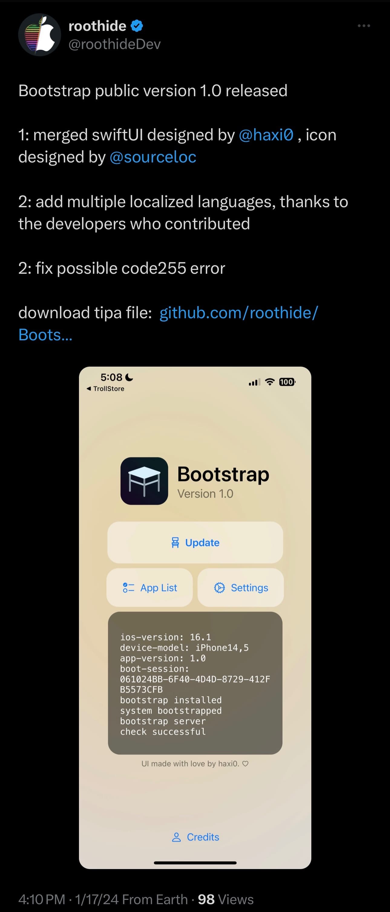 RootHide development team announced RootHide bootstrap out of beta.