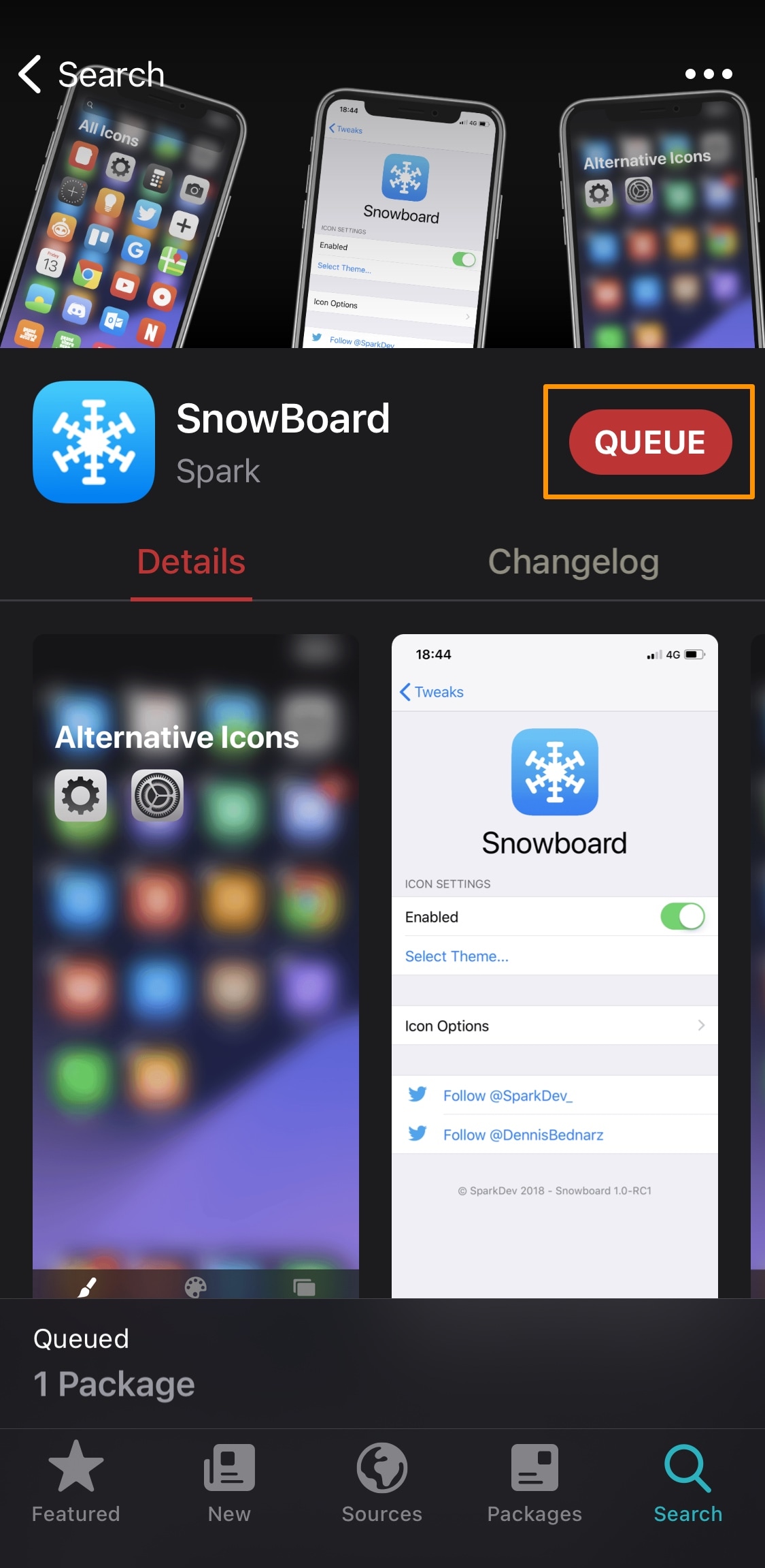 Sileo Queue button to install SnowBoard.