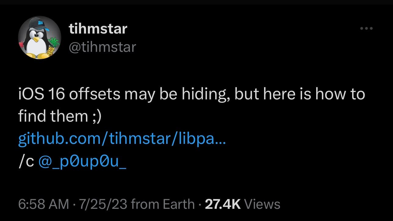 Tihmstar tweets about libpatchfinder in time for kfd.