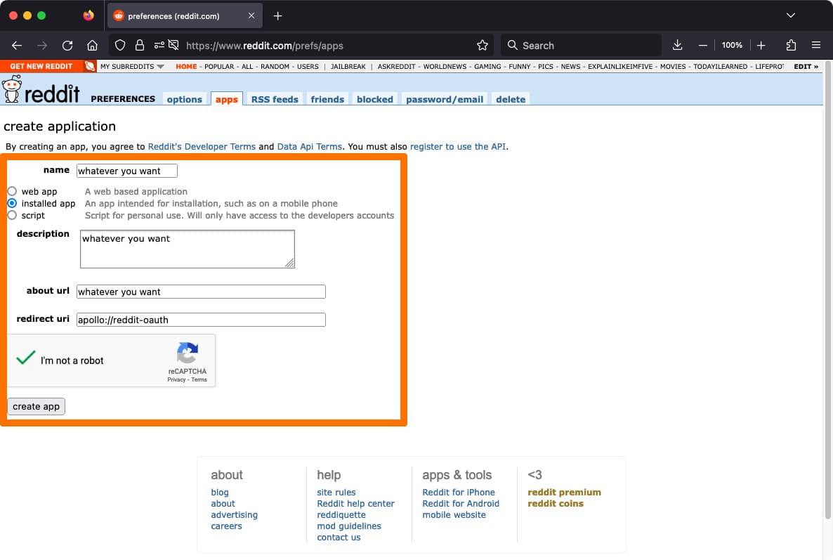Reddit developer form.