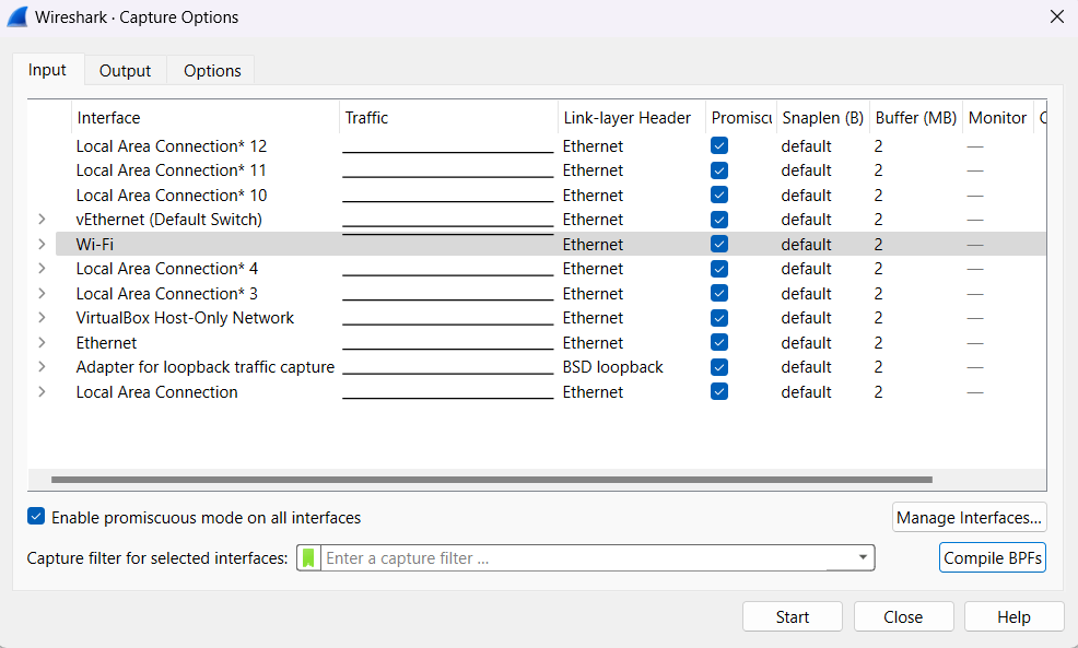 Capture Options in Wireshark