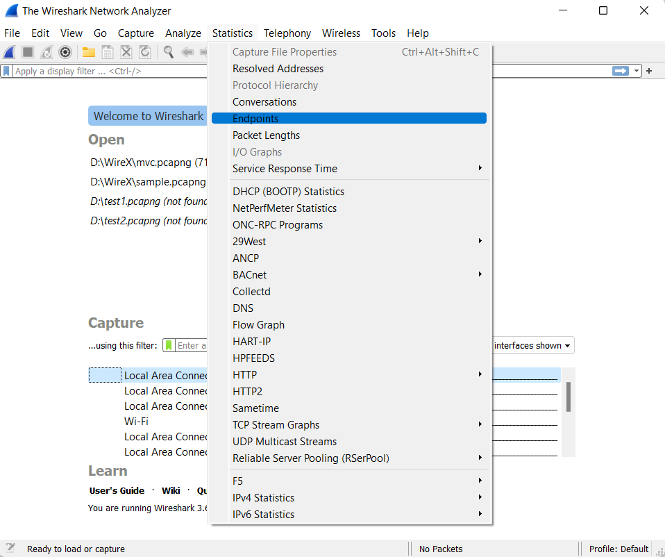 Wireshark Statistics Menu