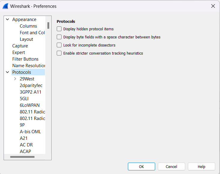 Preferences in Wireshark