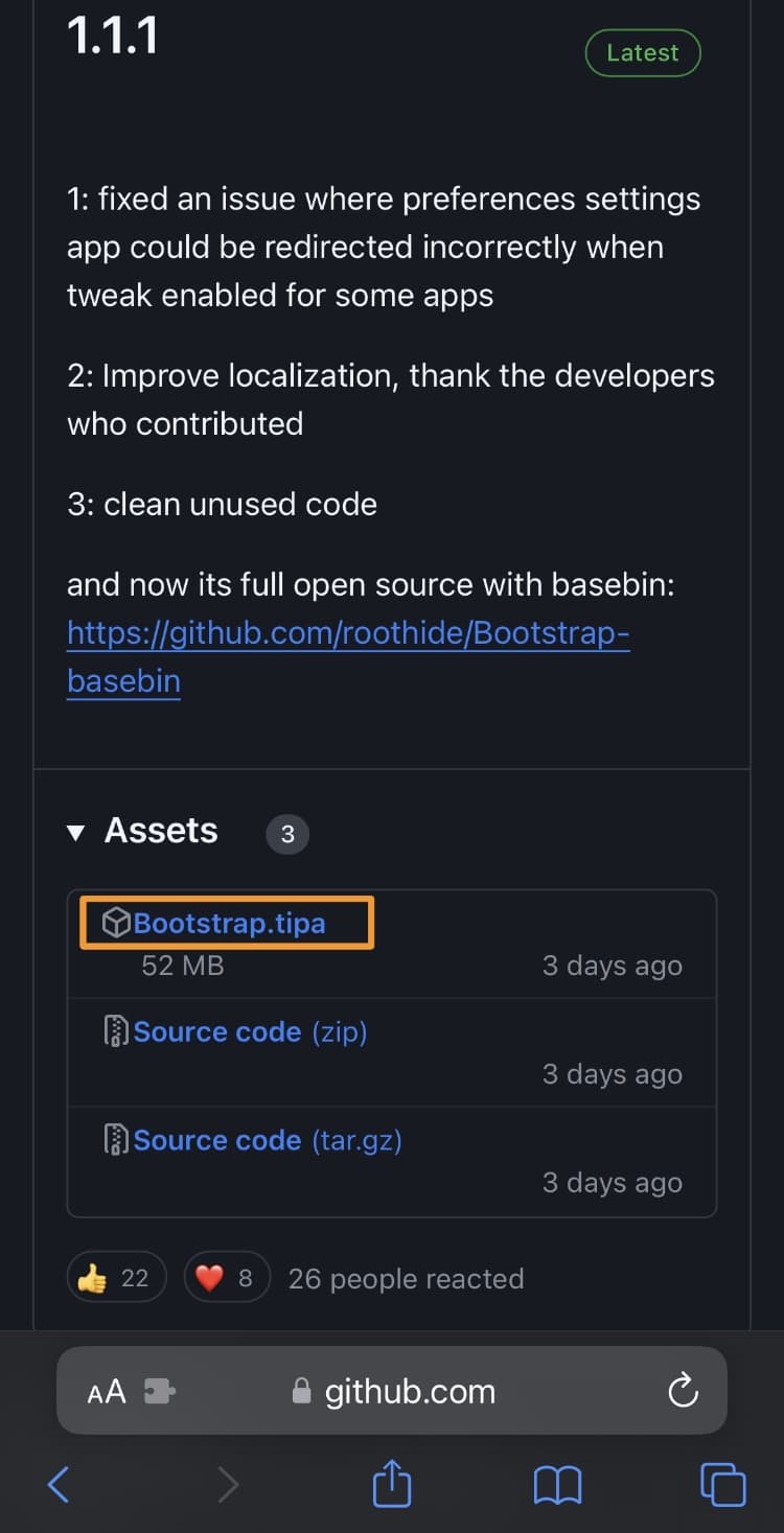 Download RootHide bootstrap .tipa file.