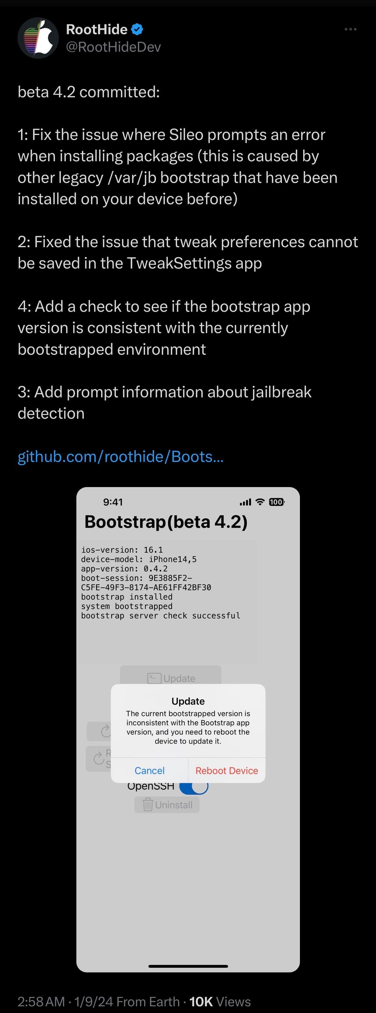 RootHide bootstrap v4.2 released.