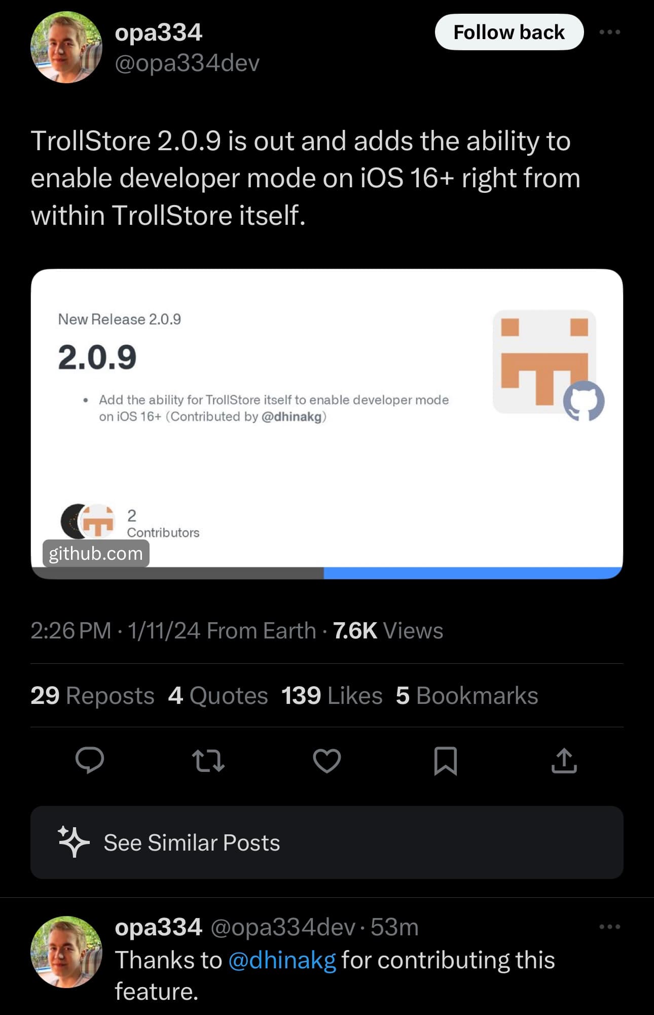 TrollStore v2.0.9 released and announced.