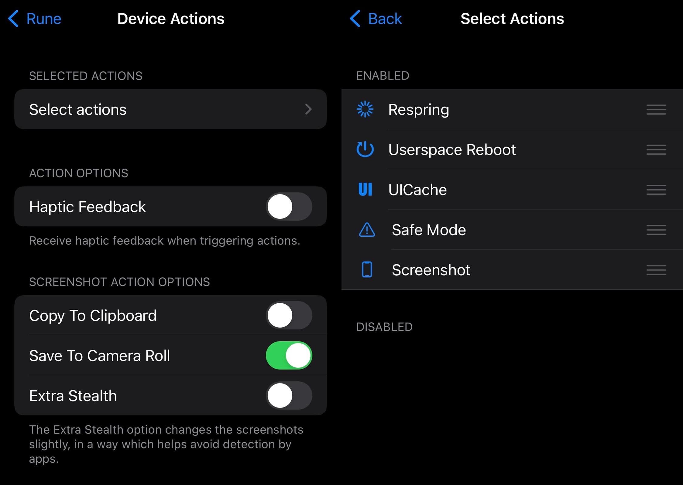 Rune Device Actions preference pane.