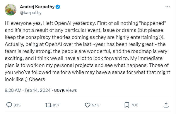 Andrej Karpathy Leaves OpenAI