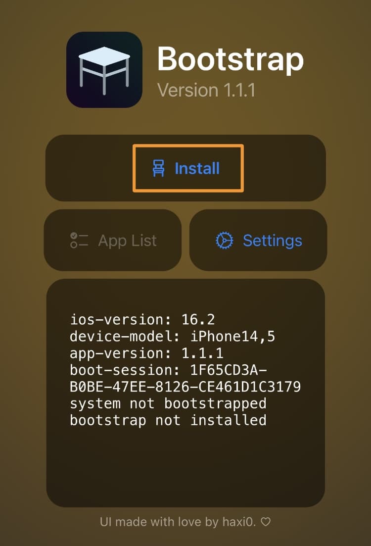 RootHide Bootstrap app Install button.