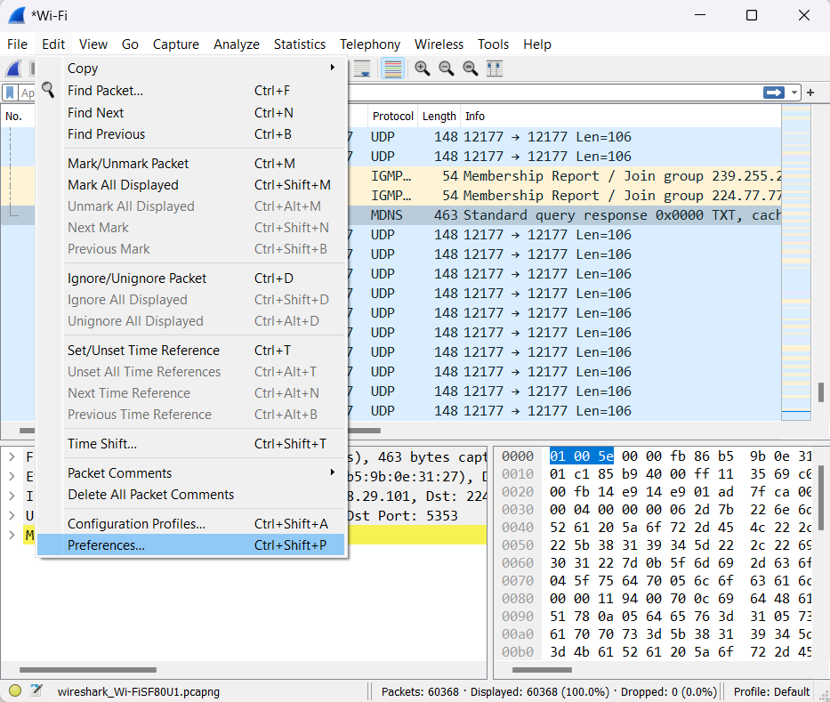 Edit menu in Wireshark