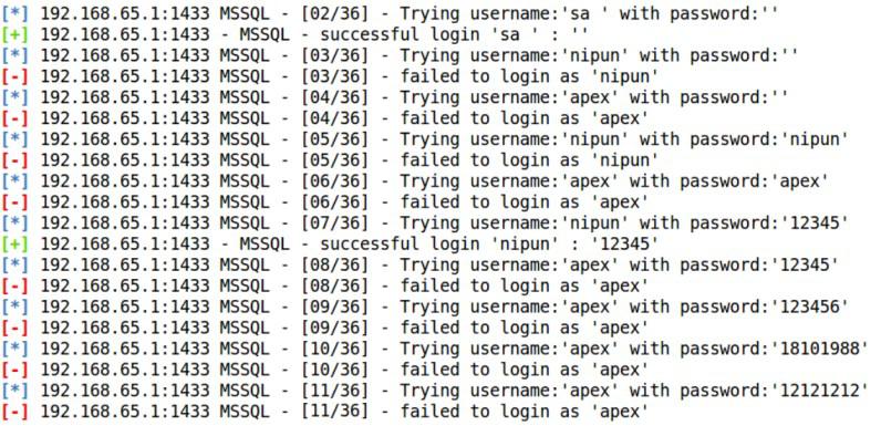 Brute forcing the MSSQL username and password