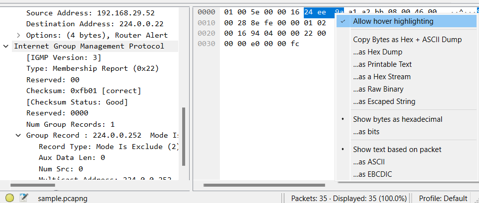 Wireshark IGMP Menu