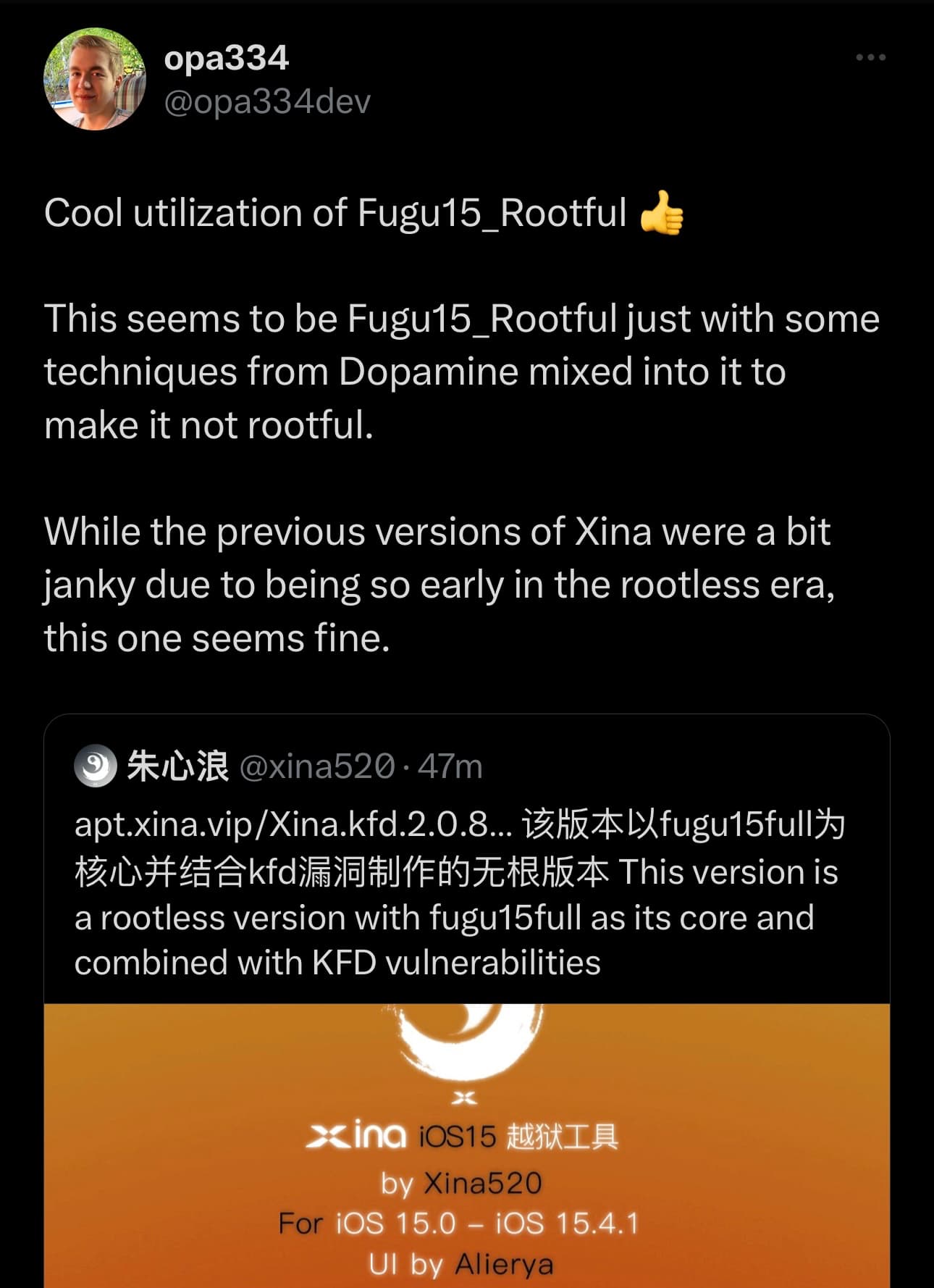 Lars Fröder comments on XinaA15 v2 jailbreak.