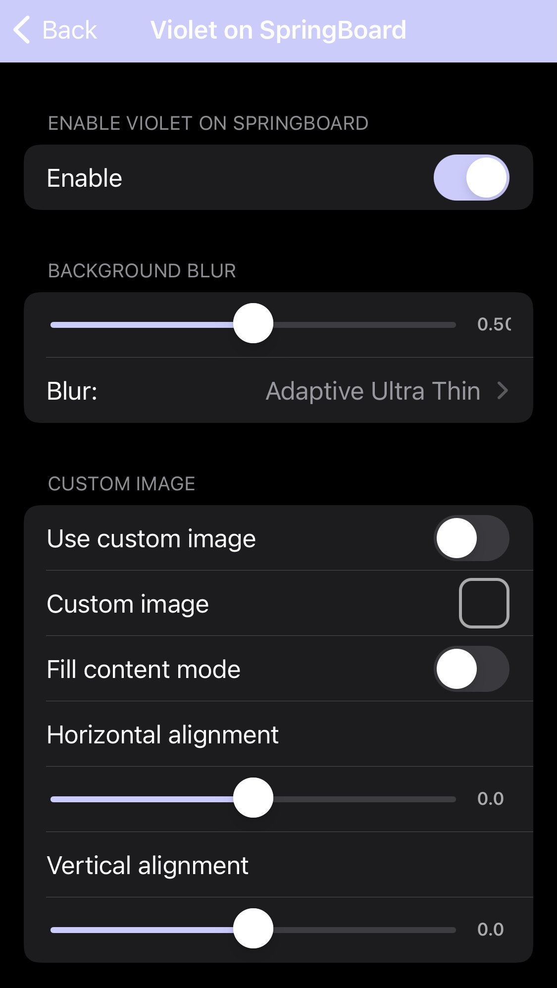 Violet Springboard Settings.