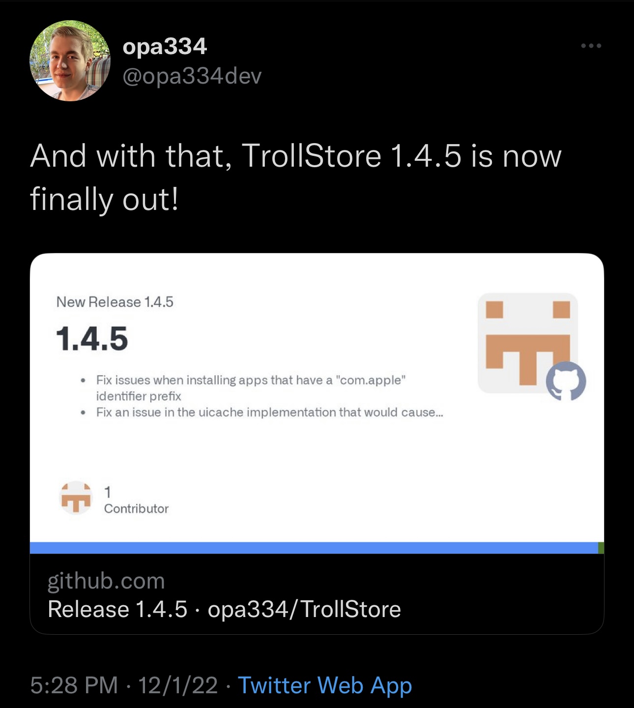 TrollStore bug fix update version 1.4.5.