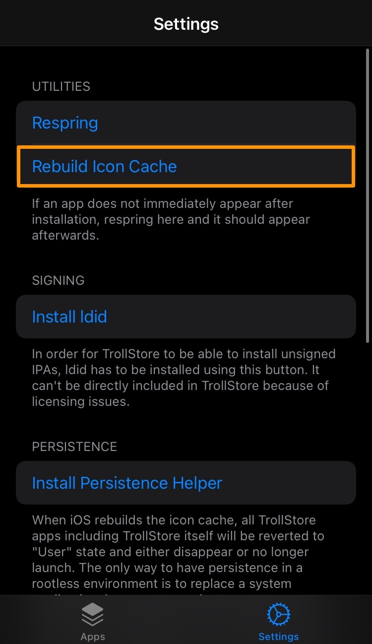 TrollStore Rebuild Icon Cache button.